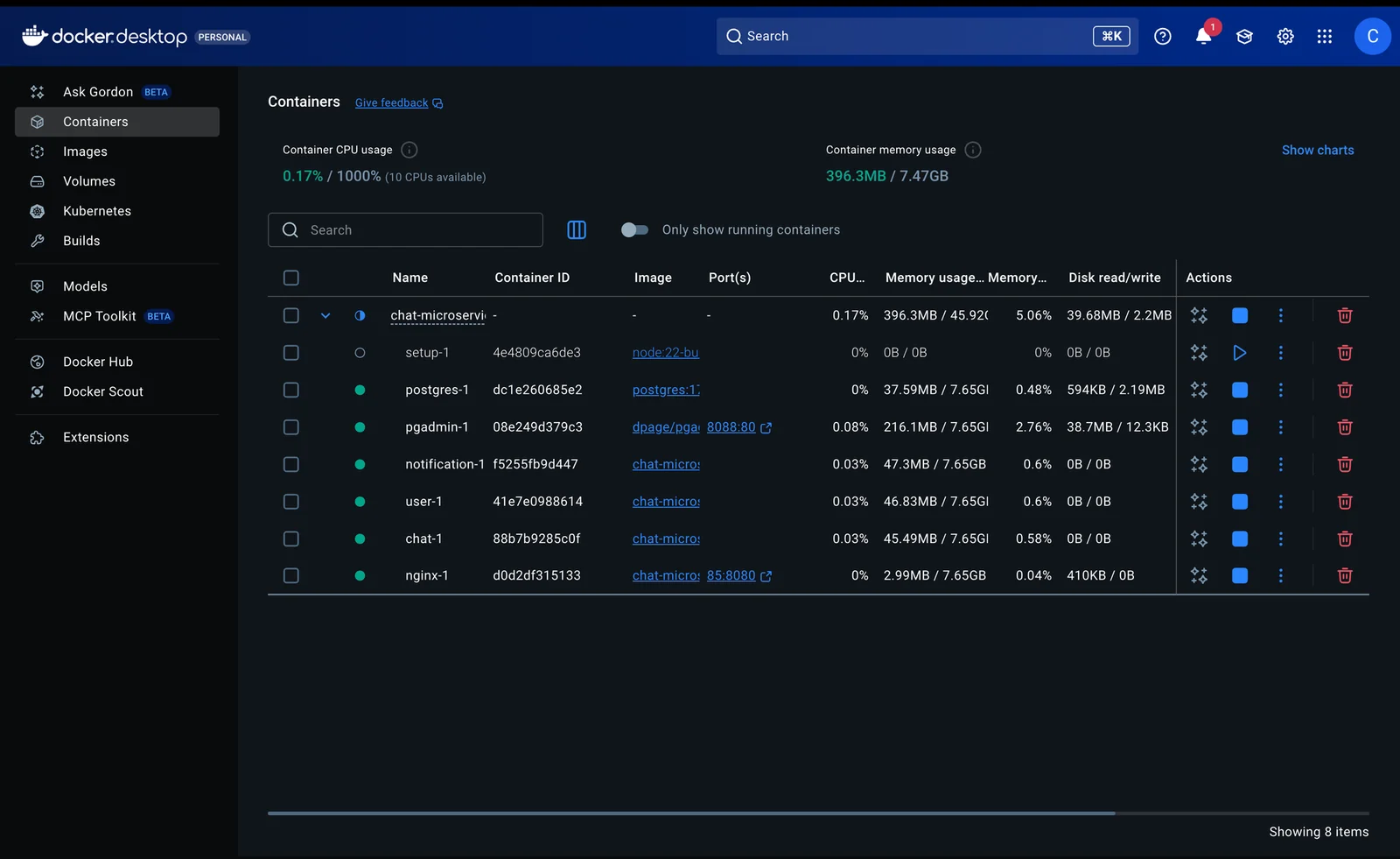 Docker Desktop showing the running Secure Chat services